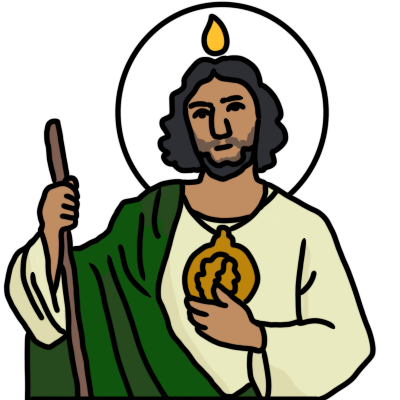 a depiction of Saint Jude Thaddeus, holding a walking staff and wearing a medallion with the profile of Jesus. He's shown as a middle eastern man wearing white and green clothes with a flame over his head and a black halo outline.